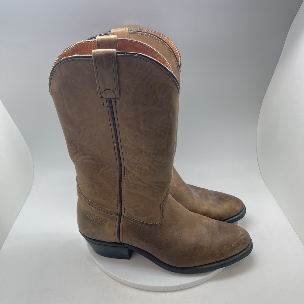 Brooks Cowboy Boots Mens 10 D Brown Leather Pull On Western Round Toe Shoes